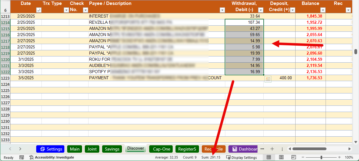 Example of highlighting some withdrawal amounts