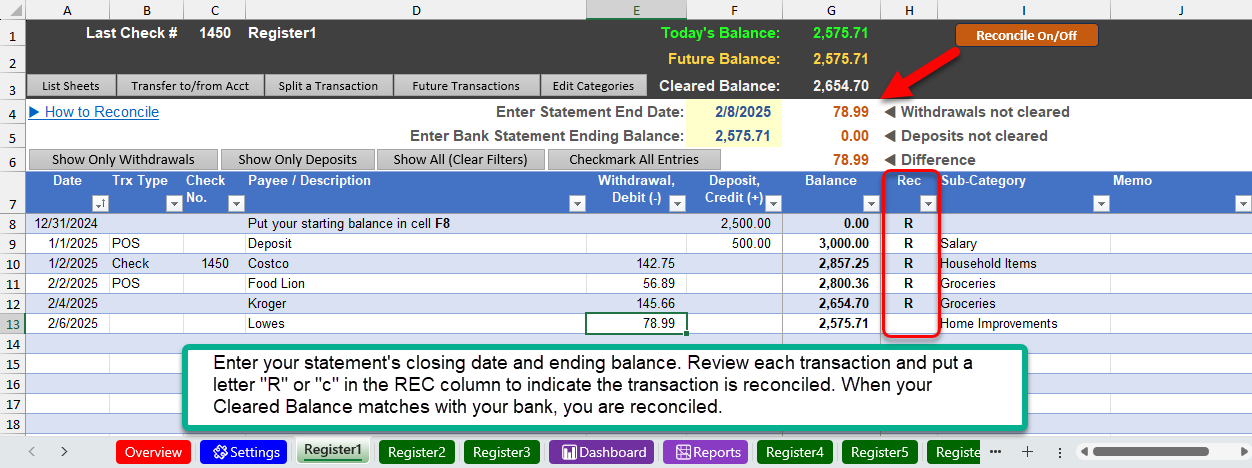 Excel Checkbook 2025 reconcile