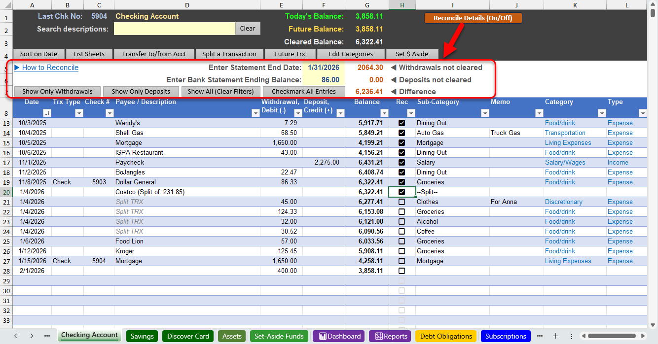 2026 A Better Excel Checkbook reconcile April