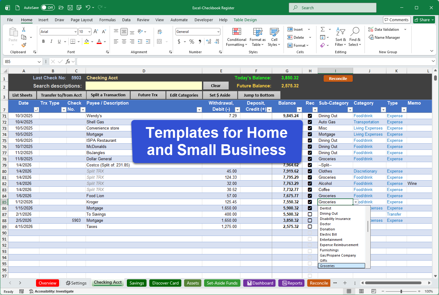 Excel checkbook register for budgeting, replace Quicken